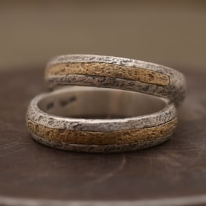 Mixed Metal Wedding Band Set: Sterling Silver & 14K Gold, Rock Texture, BE220