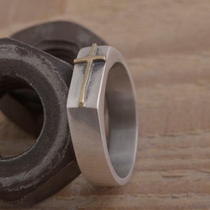 Cross Ring for Men, Sterling Silver and 14KT Gold Christian Ring, Free inside engraving, DA475