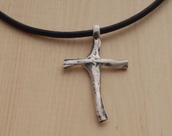 Unique Cross Necklace for Men, Sterling Silver Men's Cross Pendant, Handmade Rustic Cross for him ST695