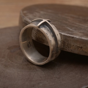 Hammered cross ring, Sterling Silver Band Ring for Men, 9mm wide, Gift of Faith, Free inside engraving by hand, DA907