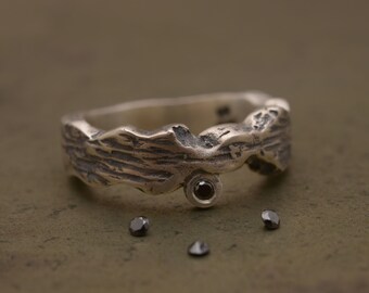 Geoxideerde sterling zilveren ring, zwarte diamant, rustieke textuur, handgravure DA919