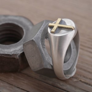Mens Christian Ring, Cross Sterling Silver and 14KT Gold Ring, Gift of Faith, Free engraving inside, DA424