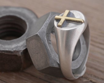 Anillo cristiano para hombre, cruz de plata de ley y oro de 14 quilates, regalo de fe, grabado gratuito en el interior, DA424