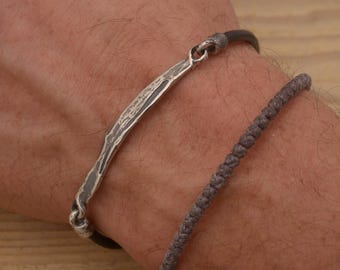 Sterling Silver & Leather Bracelet, Raw design, Unique mens jewelry, BA100