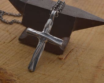 Modern Cross Necklace for Men, Sterling Silver Men's Cross Pendant, Primitive Collection, Handmade Rustic Cross ST716