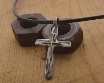 Oxidized Silver and 14K Gold Cross Necklace for Men Women, Unique Catholic Jewelry, Handcrafted Double Cross ST729