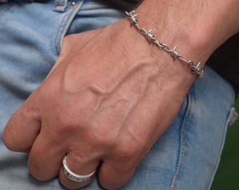 Barbed wire bracelet, Sterling Silver Rock Accessory for Men BA142