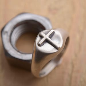 Cross Sterling Silver Ring, Men&#39;s Faith Ring, Christian Gift, Matte, Free engraving inside, DA531