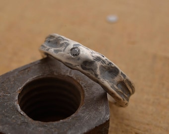 Geoxideerde sterling zilveren herenring, zwarte diamant, handgegraveerd, DA189
