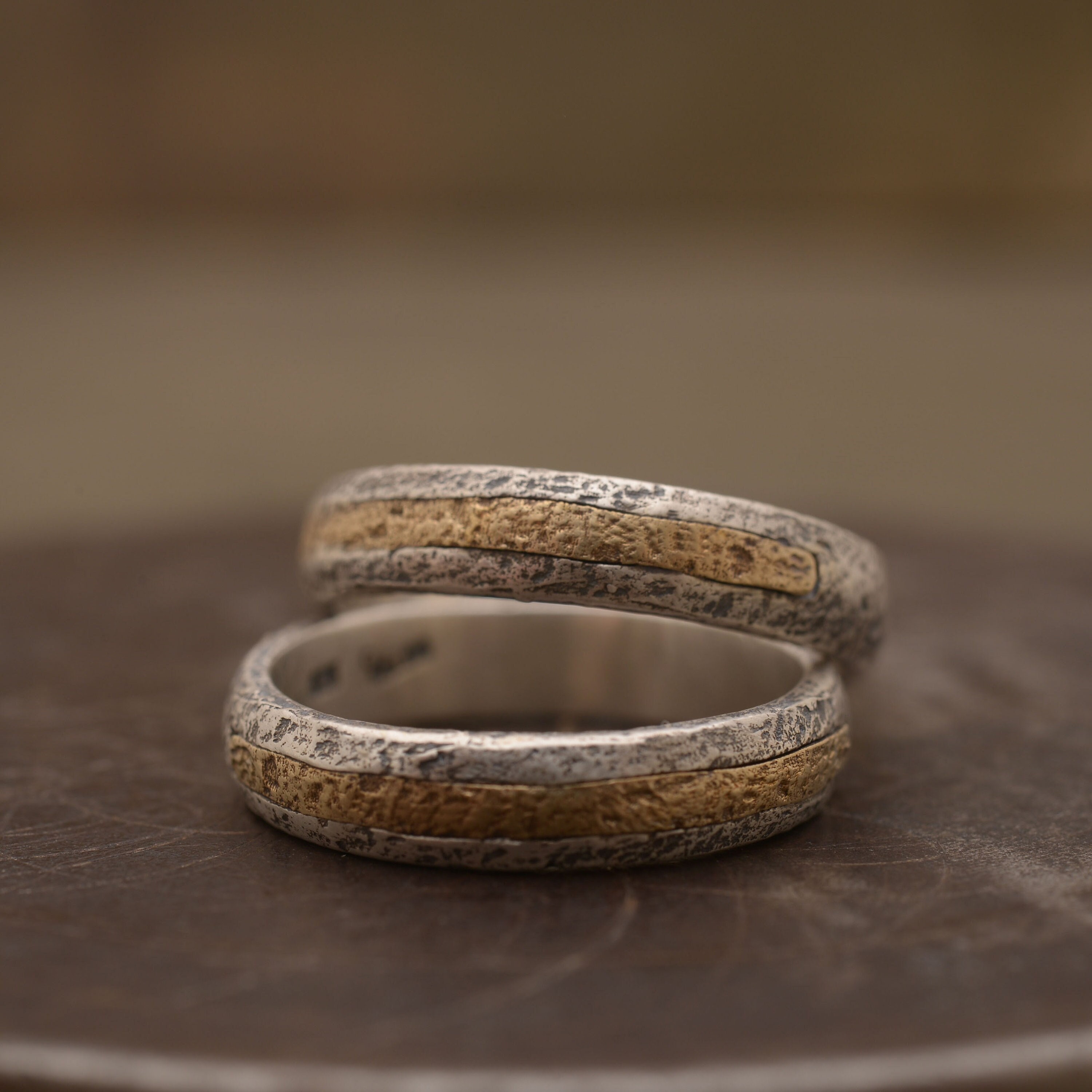 Mixed Metal Wedding Band Set: Sterling Silver & 14K Gold, Rock Texture Mixed Metal Wedding Band Set: Sterling Silver & 14K Gold, Rock Texture