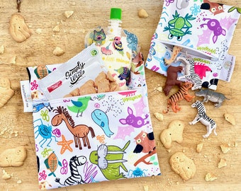 Zoo Animals Reusable Snack Bags. Lunch bags. Sandwich bag. Reusable ziplock bags, Wetbag, Waterproof bag. medication bag, nappy bag