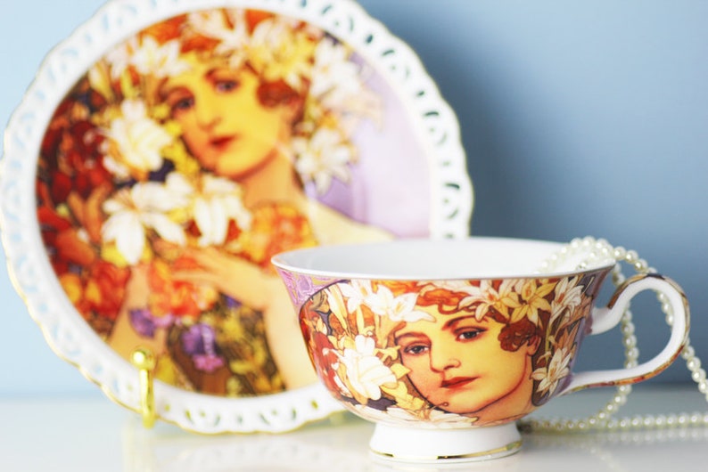 After Alphonse Mucha Limited Edition Portrait Teacup and Saucer Queen Isabell Woman with Flowers c2000