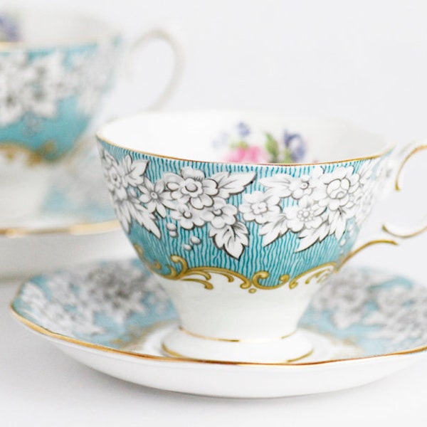 Royal Albert | ENCHANTMENT| Demitasse Cup & Saucer | Aqua Grey White Gold| Wild Flowers Inside |SMALL Size |