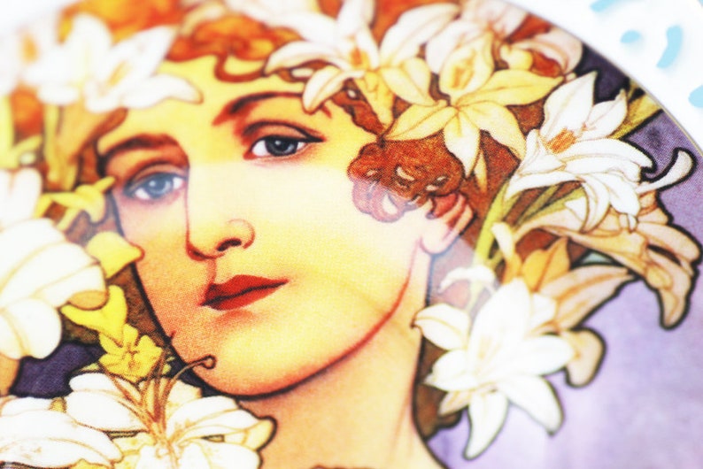 After Alphonse Mucha Limited Edition Portrait Teacup and Saucer Queen Isabell Woman with Flowers c2000