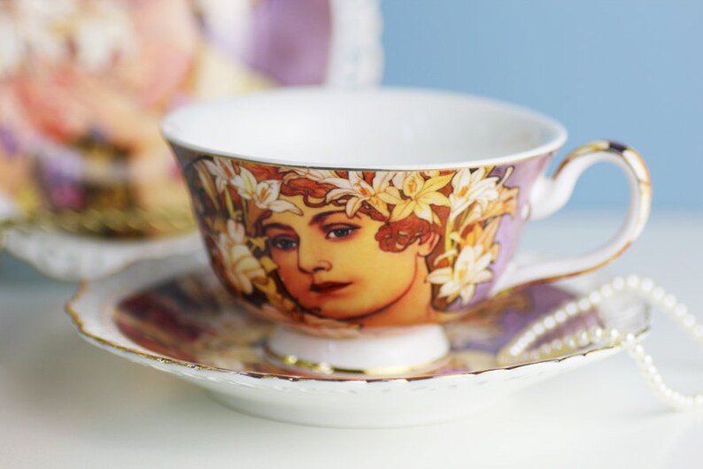 After Alphonse Mucha Limited Edition Portrait Teacup and Saucer Queen Isabell Woman with Flowers c2000