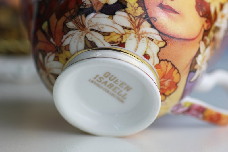 After Alphonse Mucha Limited Edition Portrait Teacup and Saucer Queen Isabell Woman with Flowers c2000