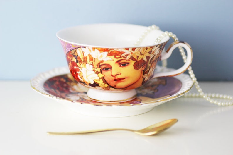 After Alphonse Mucha Limited Edition Portrait Teacup and Saucer Queen Isabell Woman with Flowers c2000
