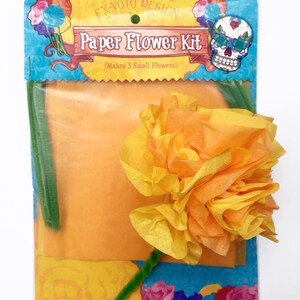 K&ouml;nnte beinhalten: Eine transparente Plastikt&uuml;te mit einem Papierblumen-Bastelset. Das Set enth&auml;lt drei gelbe und orangefarbene Seidenpapierblumen, drei gr&uuml;ne Pfeifenreiniger und Anleitungen. Die T&uuml;te hat ein farbenfrohes Design mit dem Text "Ex-Voto Design Paper Flower Kit [Makes 3 Small Flowers]" und einer Totenkopfgrafik.