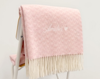 Personalised unique gift in box, Merino wool blanket custom text/ large throw embroidered/ herringbone pattern Pink blanket with name