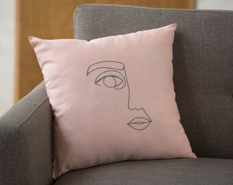 Abstract art Natural Linen pink Cushion cover, embroidered face art pillow cover 18x18, Modern decor, decorative Cushion cover, gift for Her