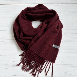Burgundy Red Merino Wool small check pattern gentle scarf with fringes Shoulder wrap classic shawl in black gift box Christmas gift for her