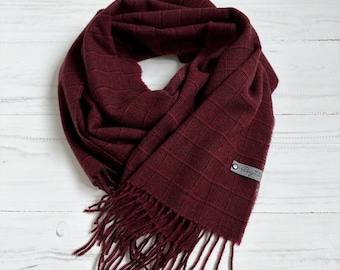 Burgundy Red Merino Wool small check pattern gentle scarf with fringes Shoulder wrap classic shawl in black gift box Christmas gift for her