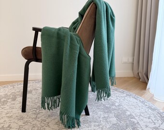 Premium quality Sheep Wool Pine green Large Blanket Throw with fringes/ Christmas green decor gift