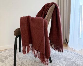 Dark Red Terracotta Merino Wool Blanket Throw, Mid Century Style, Soft Warm Home Decor