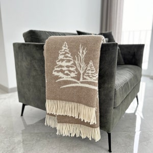 Thicker Natural Wool Rustic Forest Trees and couple deer blanket/ Gift for nature lover/ Warm Reversible Brown White Large Sofa Blanket