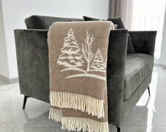 Thicker Natural Wool Rustic Forest Trees and couple deer blanket/ Gift for nature lover/ Warm Reversible Brown White Large Sofa Blanket