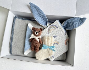 Caja de regalo para bebé niño (5 unidades), set de regalo de bienvenida con manta de lana, caja de regalo para baby shower, regalo escandinavo para recién nacidos en azul.
