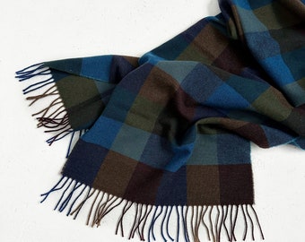 100% Pure New Wool Multicolour Tartan Large scarf blue/ brown/ khaki shadow block check, unisex plaid scarf, 16.5x78" made in Lithuania