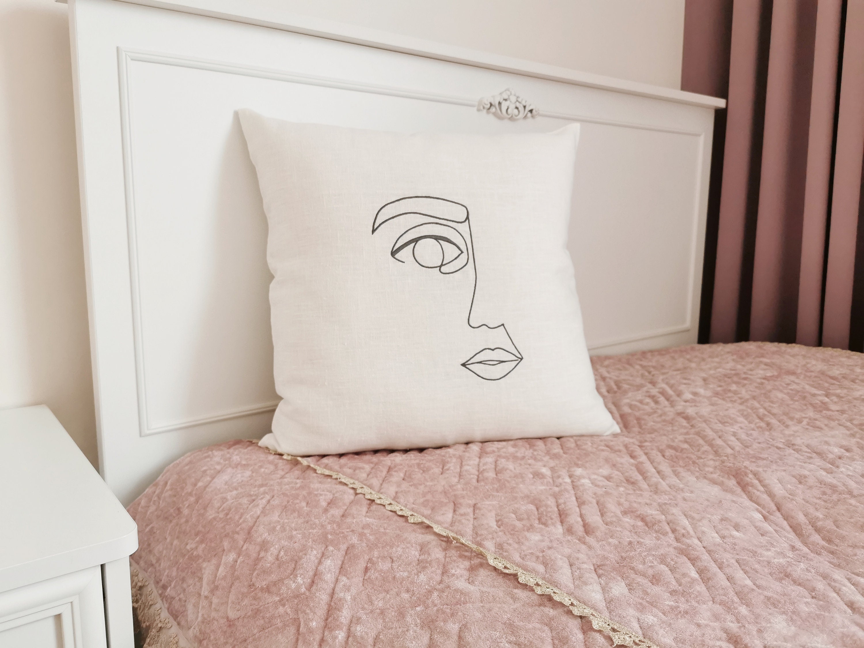 Embroidered Linen Cushion Cover White 18x18 Modern Cushion Etsy UK