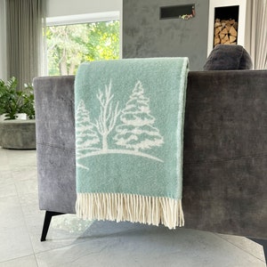 Natural Sheep Wool Forest Trees and couple deer pattern reversible blanket Gift for nature lover Warm Thicker Mint Green Large Sofa Blanket