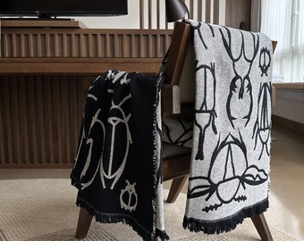 Insect Beetles party weave pattern cotton blanket throw reversible black-white large blanket/ Black home decor