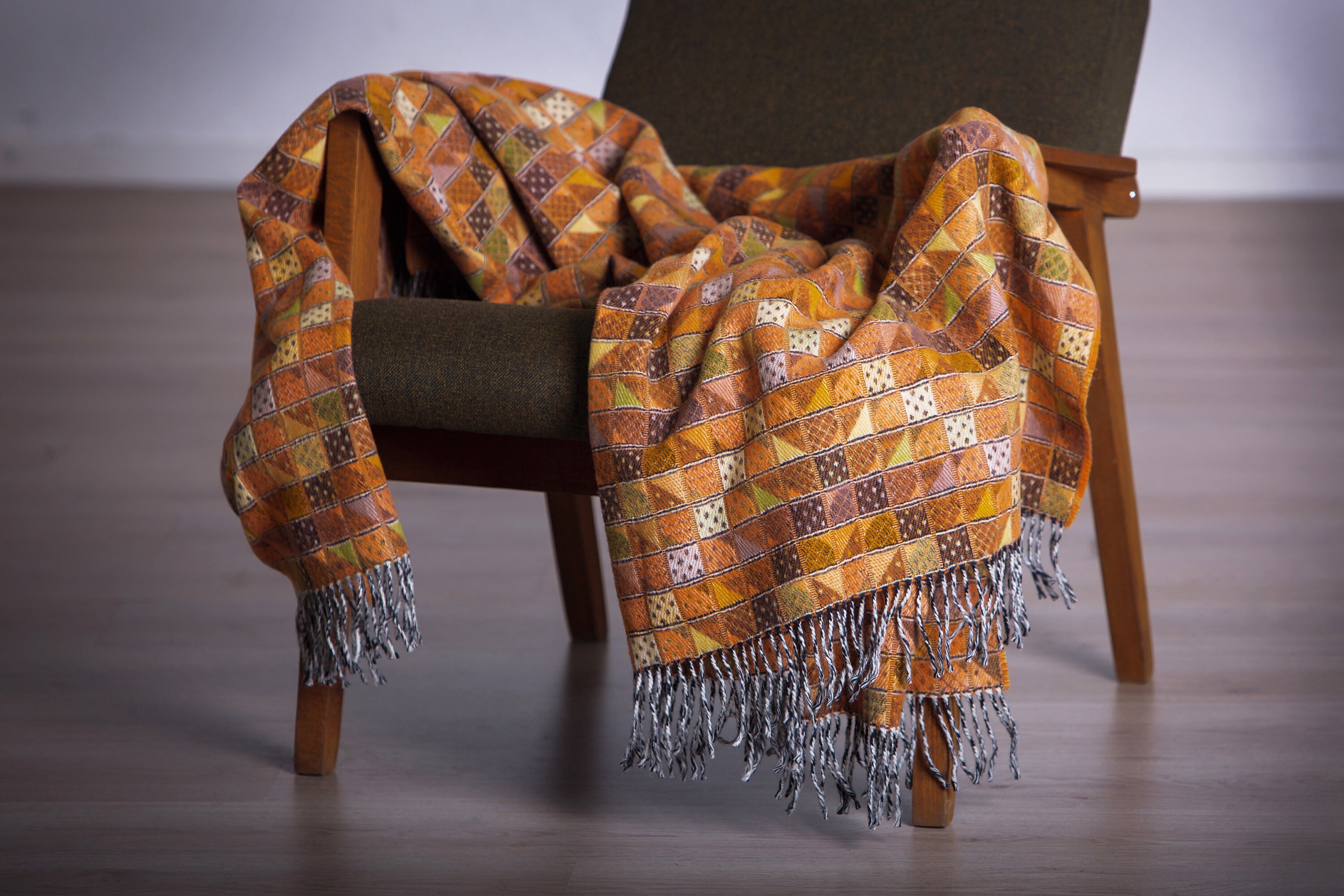 Unique mustard wool blanket throw wool grid bedspread ocher Etsy