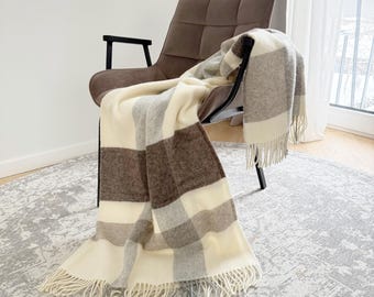 Pure Wool Blanket, Windowpane weave Plaid with fringes, Armchair, sofa, bed cosy, Natural undyed Throw "GILE"