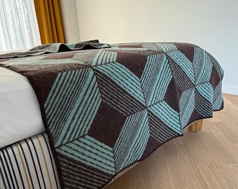 Thick Sheep Wool Blanket Throw, abstract optical geometric pattern in chocolate brown and mint green, gift for a Nordic modern house