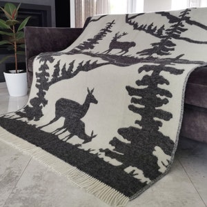 Reversible Sheep Wool Blanket, Thick Woven Throw, Roe Deer Forest Pattern