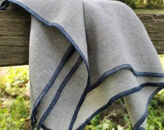 Virgin wool Scandinavian thin and lightweight dark blue stitched edge baby blanket in light grey/ Nordic design baby blanket/ Baby boy gift