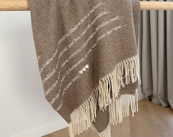 Personalised couple gift Merino Cashmere wool blend blanket large embroidered custom text Brown throw with name minimalist blanket 55x79"