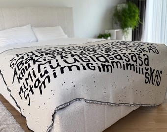 Double-sided weave words pattern pure cotton throw reversible black-white large blanket/ Black home decor/ cosy bedspread for teen bedroom