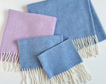 Blue and Lilac Applique Pack, Merino Wool Fabric scraps bundle, 4 pcs of Wool of various sizes with fringes, Wool remnants for crafting