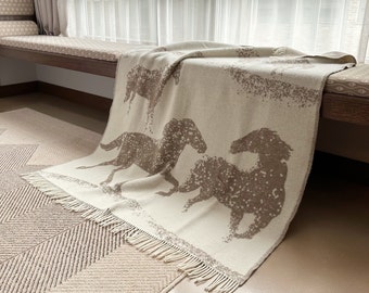 N. Zealand Sheep Wool Thick Warm Reversible Brown and Natural White Large Blanket Wild Horses running in the snow Pattern Throw with fringes