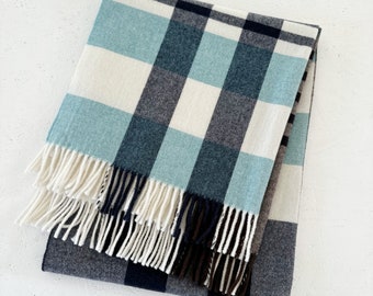 100% Lambswool multicolour tartan plaid extra wide scarf aqua blue/ white/ brown shadow block check, unisex scarf, 29x75" made in Lithuania