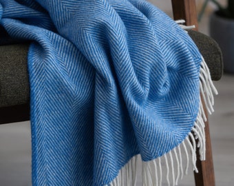 Pure Sheep Wool Large Herringbone Pattern Blue Blanket with white Fringes Cosy Plaid Throw 130x185 cm 51x73" warm Hug Gift for mom