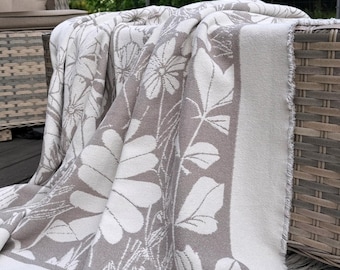 Reversible Cotton Throw Blanket: Taupe Meadow Flower Pattern, Summer Beach Mat