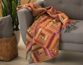 Orange Red mix Merino Lambswool Weave geometric Cosy Home Decor Blanket Throw Luxury Christmas gift for Mother, sister, wife in red gift box