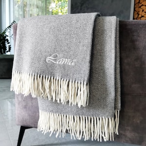 Personalised couple gift Merino wool blanket large throw embroidered herringbone pattern grey blanket with name minimalist blanket