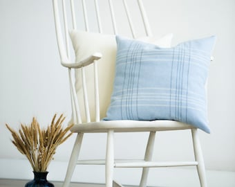 Funda de cojín de lana merino con cuadros en azul cielo, almohada con estampado de cuadros blancos, funda de cojín cuadrada de 50 x 50 cm